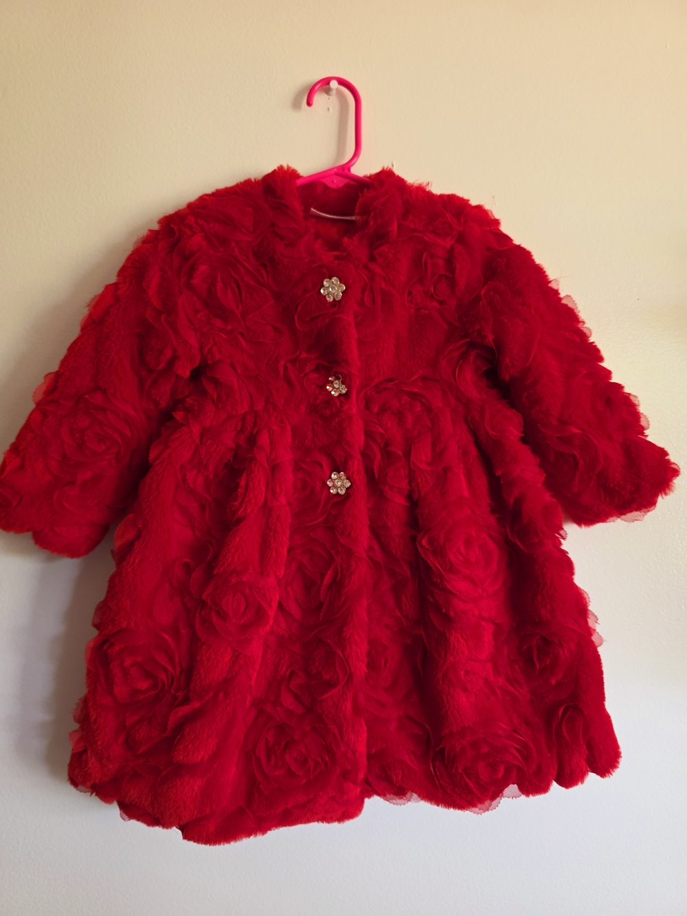 Blueberi Boulevard Red Floral Faux-Fur Pea Coat for Girls